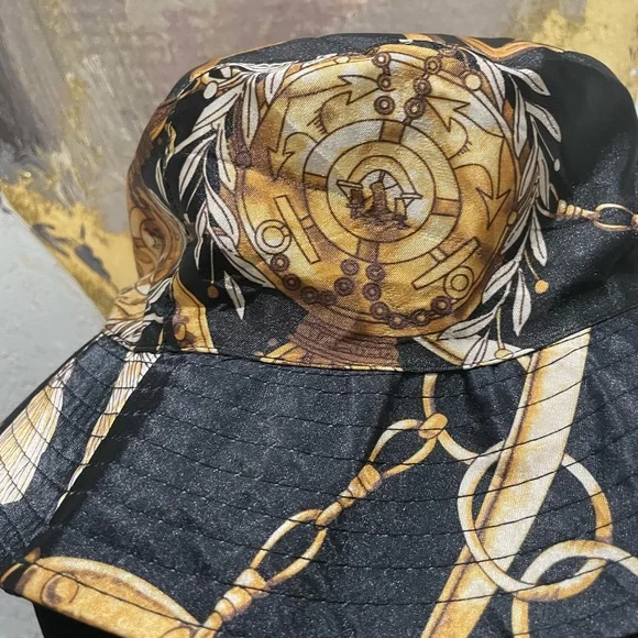 Reversible Satin Black and Gold Chain Print Bucket Hat - Picture 8 of 10
